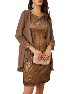 Women's Brown Summer Two Piece 3/4 Sleeve Chiffon Jacket Wedding Guest Dresses
